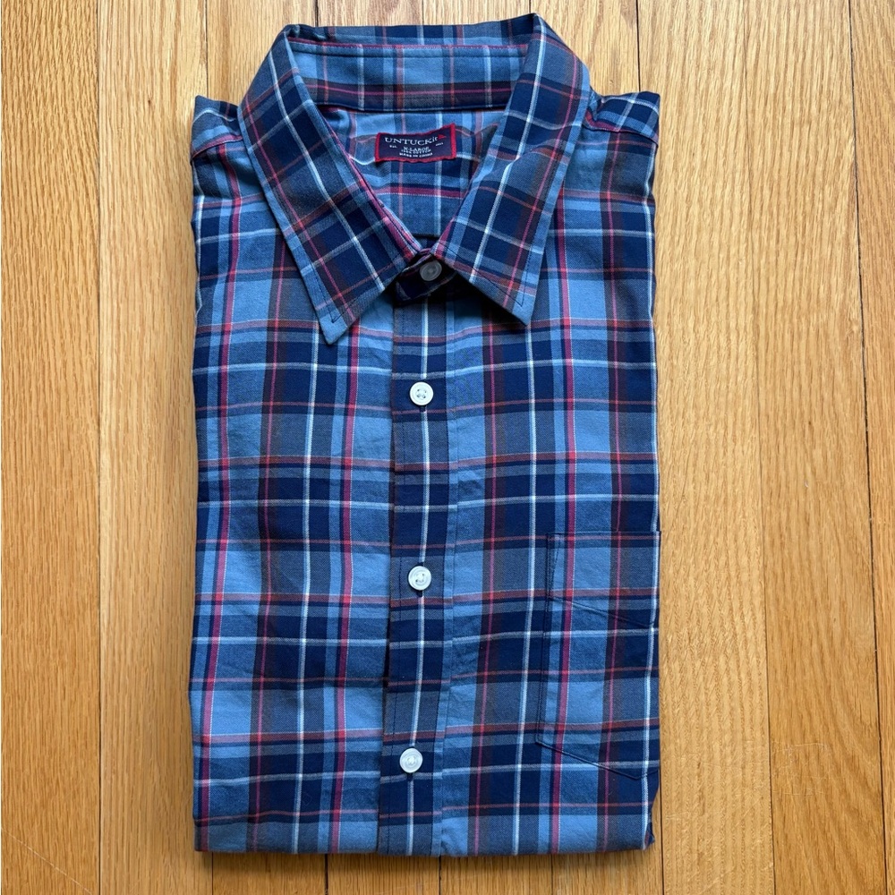 UNTUCKit Men’s Long Sleeve Flannel Shirt 100% Cotton XL Blue Red Plaid
